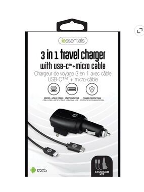 Essentials Black 3-in-1 Travel Charger with USB-C and Micro-USB Cables